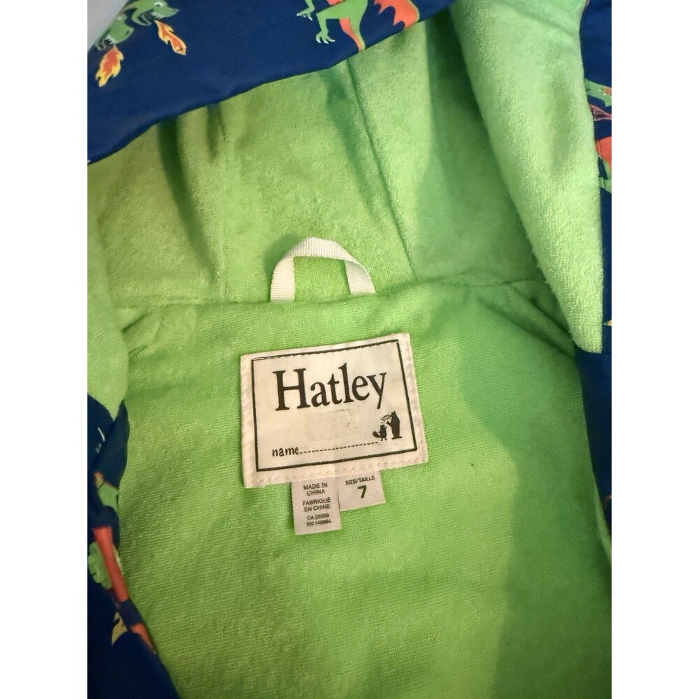 Hatley Boys Rain Jacket Blue Dragons Green Cloth Lined Hood Snap Close Size 7 - Picture 3 of 7